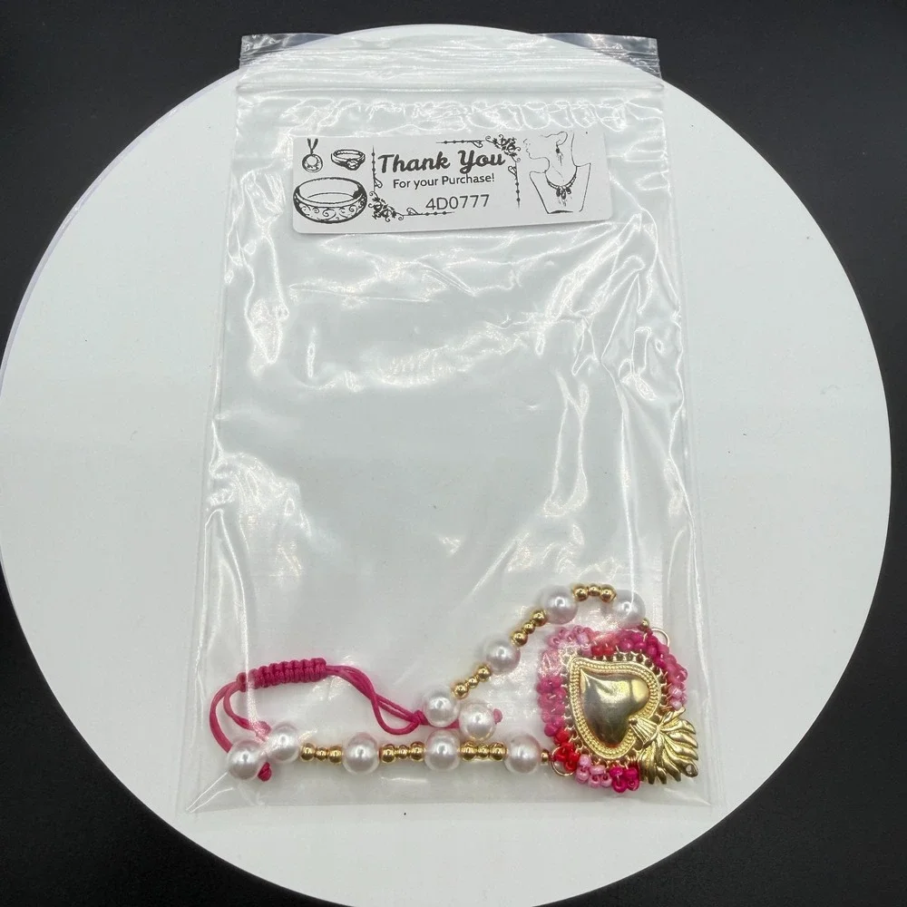 Sacred Heart Bracelet Pink Beaded Pearl Adjustable Gold Tone Valentine Boho